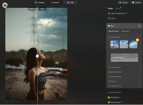 AI photo editing tool interface showing before-and-after sky replacement and image enhancement options