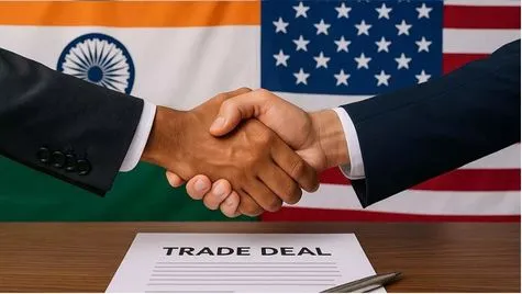 Handshake over a trade deal between India and the United States symbolizing bilateral economic cooperation