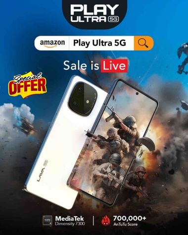Lava Play Ultra 5G smartphone featuring MediaTek Dimensity 7300 chipset and high-performance gaming capability with an active sale promotion