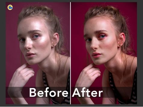 Side-by-side before and after portrait photo demonstrating AI-based retouching enhancements