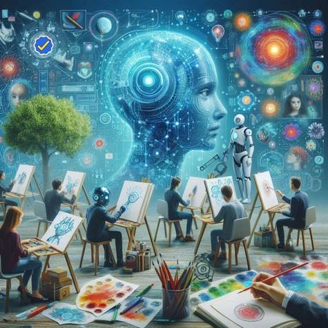 Students and a robot collaborate in a futuristic classroom on AI-inspired digital art under a backdrop of advanced AI and cosmic imagery